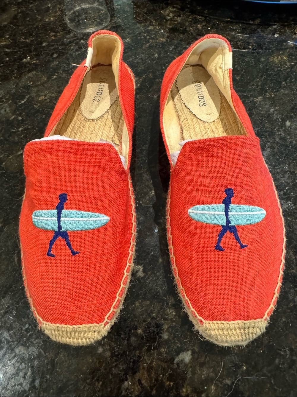 Soludos Red Espadrilles with Blue Surf Embroidery